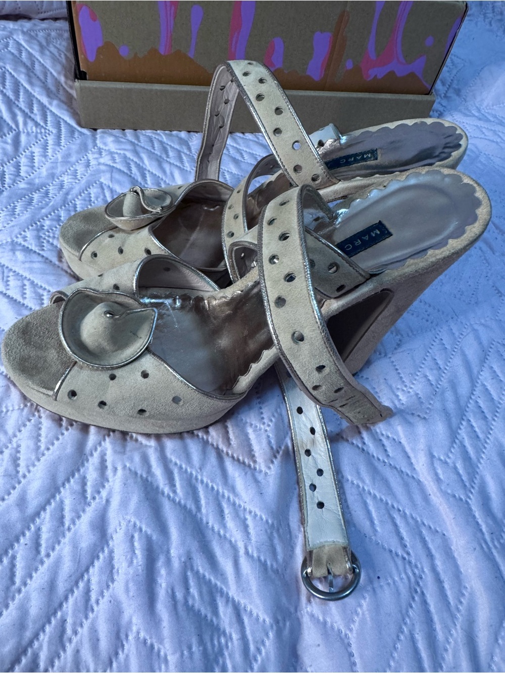 Marc Jacobs Beige Suede Studded Wedge Sandals with Buckle Accent